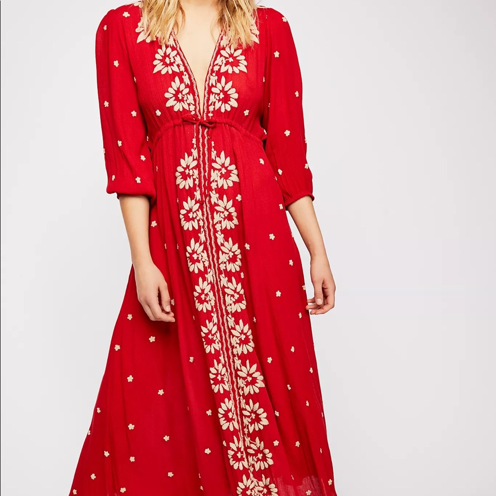 NWT Free People Red Embroidered V-Neck Maxi Dress